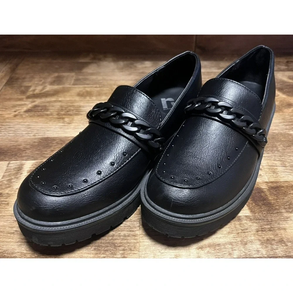 Report Hayden Chain Link Platform Loafers Black Lug Sole Studded Womens Size 7.5